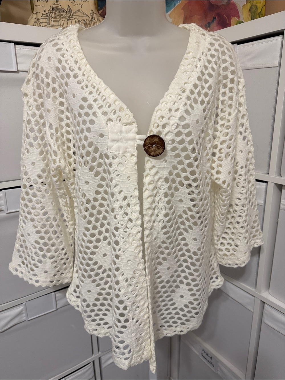 Mirror image Open Crochet Button Front Cardigan - Ivory
